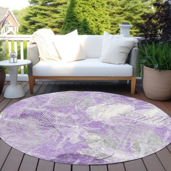 HomeRoots 5' Elegant Lavender and Ivory Floral Area Rug - Durable, Washable Design for Indoor and Outdoor Use 8' Round 622763