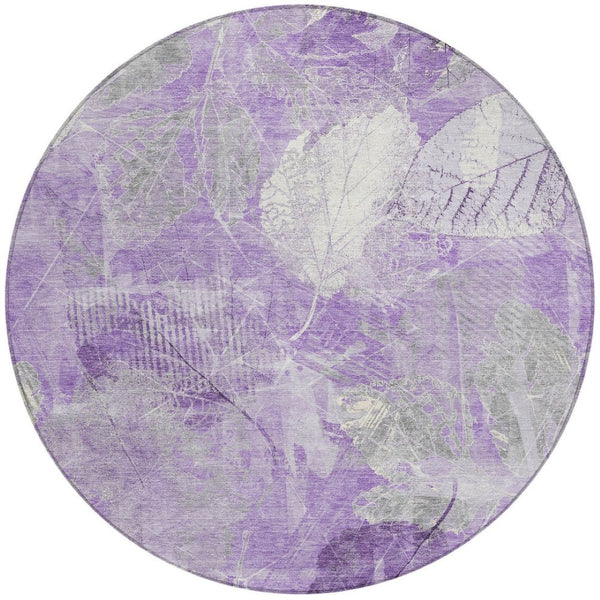 HomeRoots 5' Elegant Lavender and Ivory Floral Area Rug - Durable, Washable Design for Indoor and Outdoor Use 8' Round 622763