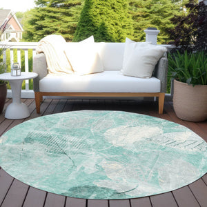 HomeRoots 5' Teal Blue and Ivory Floral Area Rug - Washable, Durable, Perfect for Indoor and Outdoor Spaces 8' Round 622775