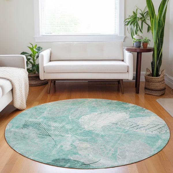 HomeRoots 5' Teal Blue and Ivory Floral Area Rug - Washable, Durable, Perfect for Indoor and Outdoor Spaces 8' Round 622775