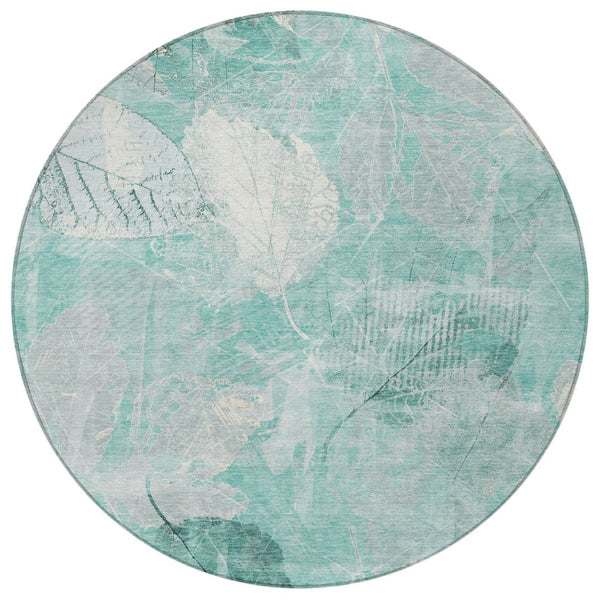 HomeRoots 5' Teal Blue and Ivory Floral Area Rug - Washable, Durable, Perfect for Indoor and Outdoor Spaces 8' Round 622775