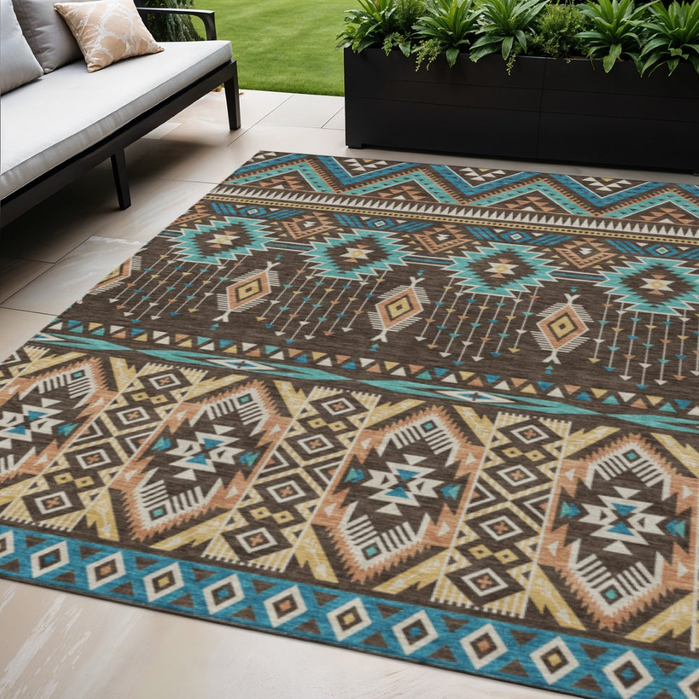 HomeRoots 5' Vibrant Aztec Washable Indoor Outdoor Area Rug in Brown, Teal Blue, and Coral for Stylish Spaces 5' X 8' 622780