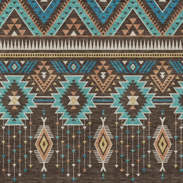 HomeRoots 5' Vibrant Aztec Washable Indoor Outdoor Area Rug in Brown, Teal Blue, and Coral for Stylish Spaces 5' X 8' 622780