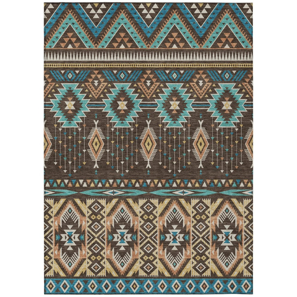 HomeRoots 5' Vibrant Aztec Washable Indoor Outdoor Area Rug in Brown, Teal Blue, and Coral for Stylish Spaces 5' X 8' 622780