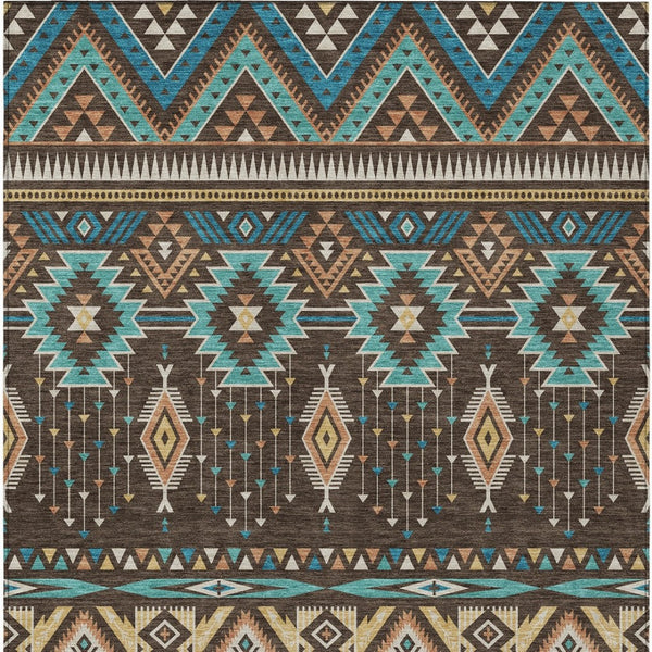 HomeRoots 5' Vibrant Aztec Washable Indoor Outdoor Area Rug in Brown, Teal Blue, and Coral for Stylish Spaces 5' X 8' 622780