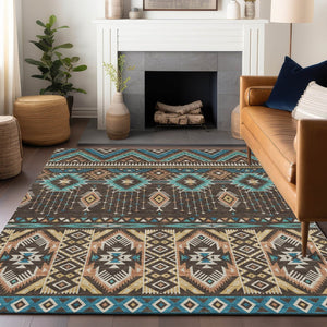 HomeRoots 5' Vibrant Aztec Washable Indoor Outdoor Area Rug in Brown, Teal Blue, and Coral for Stylish Spaces 5' X 8' 622780