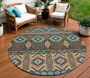 HomeRoots 5' Vibrant Aztec Washable Indoor Outdoor Area Rug in Brown, Teal Blue, and Coral for Stylish Spaces 8' Round 622781
