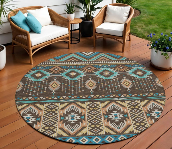 HomeRoots 5' Vibrant Aztec Washable Indoor Outdoor Area Rug in Brown, Teal Blue, and Coral for Stylish Spaces 8' Round 622781