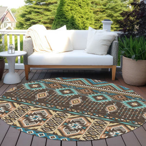 HomeRoots 5' Vibrant Aztec Washable Indoor Outdoor Area Rug in Brown, Teal Blue, and Coral for Stylish Spaces 8' Round 622781