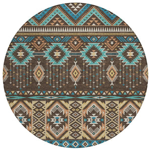 HomeRoots 5' Vibrant Aztec Washable Indoor Outdoor Area Rug in Brown, Teal Blue, and Coral for Stylish Spaces 8' Round 622781