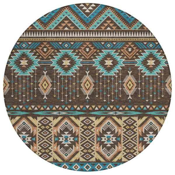 HomeRoots 5' Vibrant Aztec Washable Indoor Outdoor Area Rug in Brown, Teal Blue, and Coral for Stylish Spaces 8' Round 622781