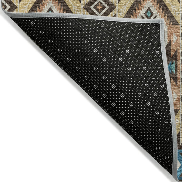 HomeRoots 5' Vibrant Aztec Washable Indoor Outdoor Area Rug in Brown, Teal Blue, and Coral for Stylish Spaces 8' Round 622781