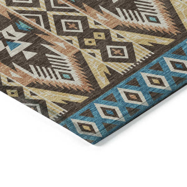 HomeRoots 5' Vibrant Aztec Washable Indoor Outdoor Area Rug in Brown, Teal Blue, and Coral for Stylish Spaces 8' Round 622781
