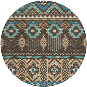 HomeRoots 5' Vibrant Aztec Washable Indoor Outdoor Area Rug in Brown, Teal Blue, and Coral for Stylish Spaces 8' Round 622781