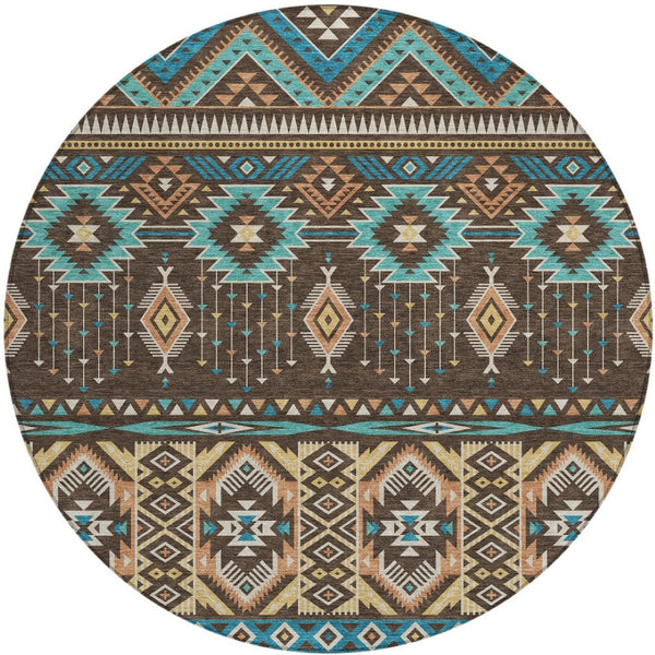 HomeRoots 5' Vibrant Aztec Washable Indoor Outdoor Area Rug in Brown, Teal Blue, and Coral for Stylish Spaces 8' Round 622781