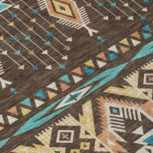 HomeRoots 5' Vibrant Aztec Washable Indoor Outdoor Area Rug in Brown, Teal Blue, and Coral for Stylish Spaces 8' Round 622781
