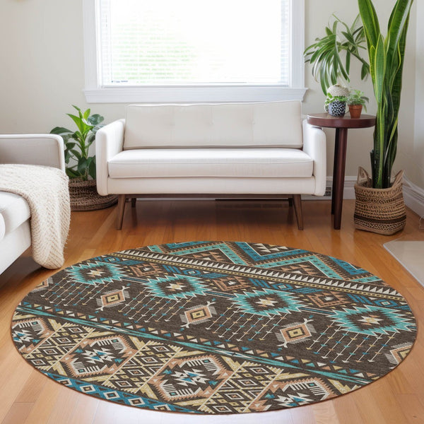 HomeRoots 5' Vibrant Aztec Washable Indoor Outdoor Area Rug in Brown, Teal Blue, and Coral for Stylish Spaces 8' Round 622781