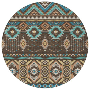 HomeRoots 5' Vibrant Aztec Washable Indoor Outdoor Area Rug in Brown, Teal Blue, and Coral for Stylish Spaces 8' Round 622781