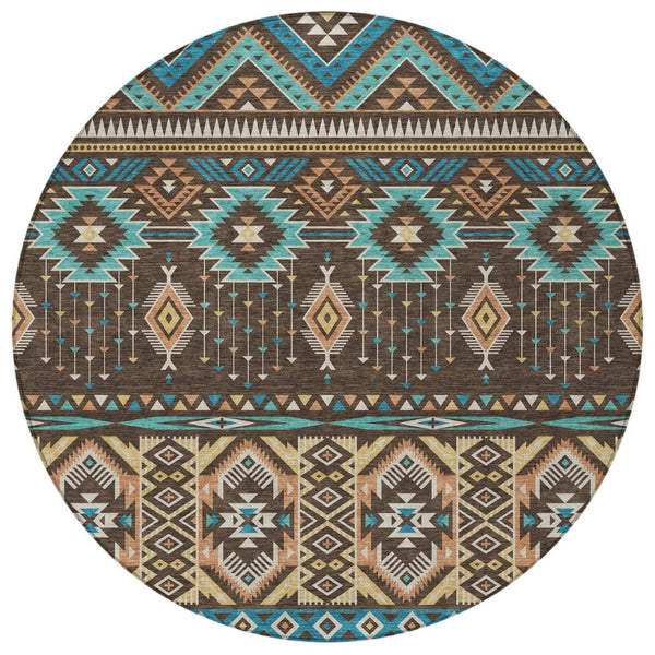 HomeRoots 5' Vibrant Aztec Washable Indoor Outdoor Area Rug in Brown, Teal Blue, and Coral for Stylish Spaces 8' Round 622781