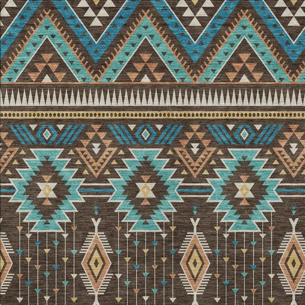 HomeRoots 5' Vibrant Aztec Washable Indoor Outdoor Area Rug in Brown, Teal Blue, and Coral for Stylish Spaces 8' X 10' 622782