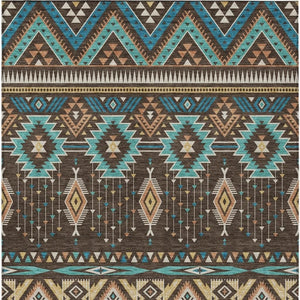 HomeRoots 5' Vibrant Aztec Washable Indoor Outdoor Area Rug in Brown, Teal Blue, and Coral for Stylish Spaces 8' X 10' 622782