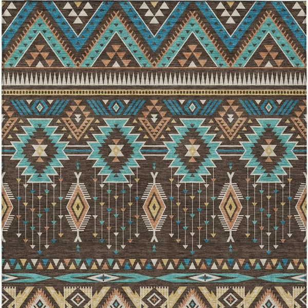 HomeRoots 5' Vibrant Aztec Washable Indoor Outdoor Area Rug in Brown, Teal Blue, and Coral for Stylish Spaces 8' X 10' 622782