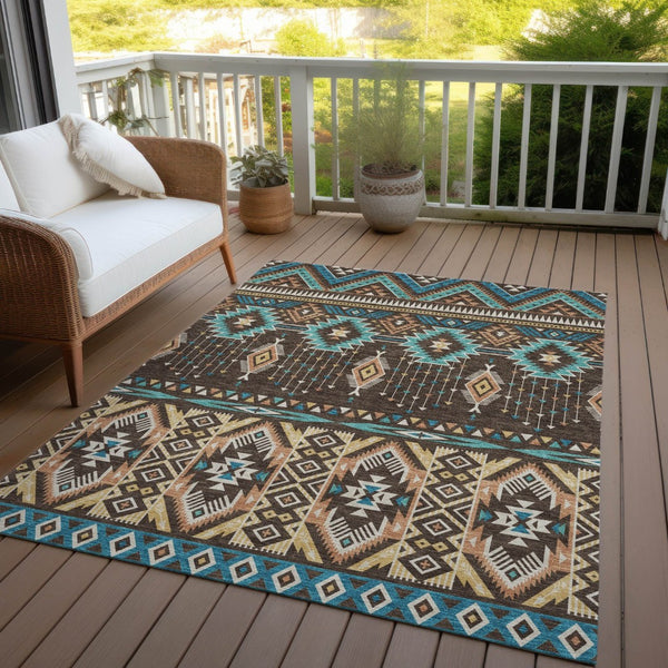 HomeRoots 5' Vibrant Aztec Washable Indoor Outdoor Area Rug in Brown, Teal Blue, and Coral for Stylish Spaces 8' X 10' 622782