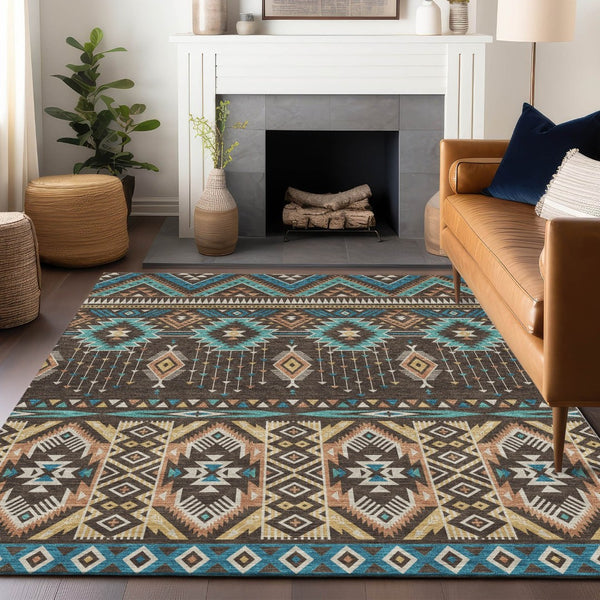 HomeRoots 5' Vibrant Aztec Washable Indoor Outdoor Area Rug in Brown, Teal Blue, and Coral for Stylish Spaces 8' X 10' 622782