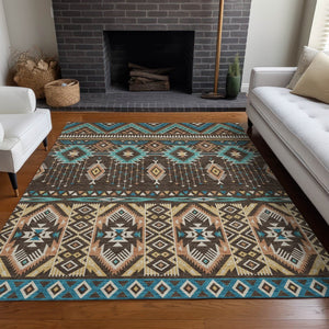 HomeRoots 5' Vibrant Aztec Washable Indoor Outdoor Area Rug in Brown, Teal Blue, and Coral for Stylish Spaces 8' X 10' 622782
