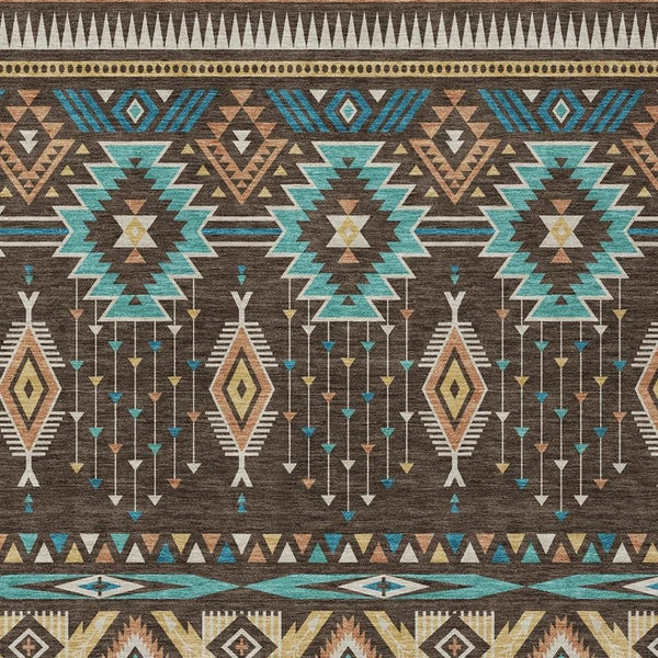 HomeRoots 5' Vibrant Aztec Washable Indoor Outdoor Area Rug in Brown, Teal Blue, and Coral for Stylish Spaces 9' X 12' 622783