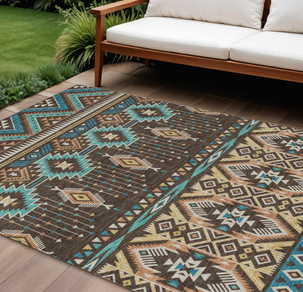 HomeRoots 5' Vibrant Aztec Washable Indoor Outdoor Area Rug in Brown, Teal Blue, and Coral for Stylish Spaces 10' X 14' 622784