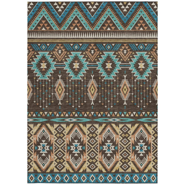HomeRoots 5' Vibrant Aztec Washable Indoor Outdoor Area Rug in Brown, Teal Blue, and Coral for Stylish Spaces 10' X 14' 622784