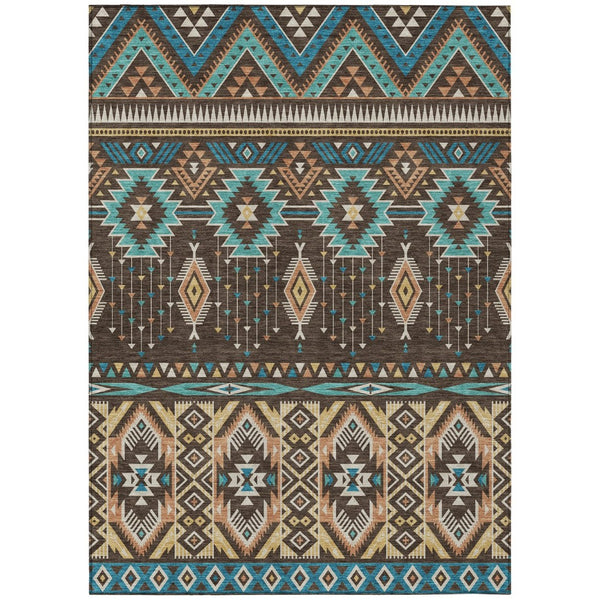HomeRoots 5' Vibrant Aztec Washable Indoor Outdoor Area Rug in Brown, Teal Blue, and Coral for Stylish Spaces 10' X 14' 622784