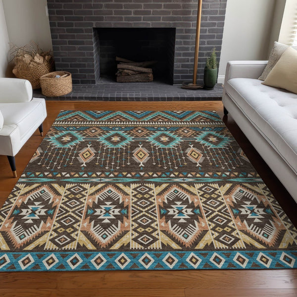 HomeRoots 5' Vibrant Aztec Washable Indoor Outdoor Area Rug in Brown, Teal Blue, and Coral for Stylish Spaces 10' X 14' 622784