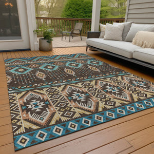 HomeRoots 5' Vibrant Aztec Washable Indoor Outdoor Area Rug in Brown, Teal Blue, and Coral for Stylish Spaces 10' X 14' 622784