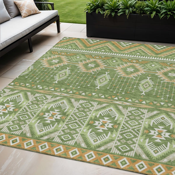 HomeRoots 5' Stylish Green Copper Ivory Aztec Indoor Outdoor Area Rug - Durable, Washable & Versatile Design 5' X 8' 622786