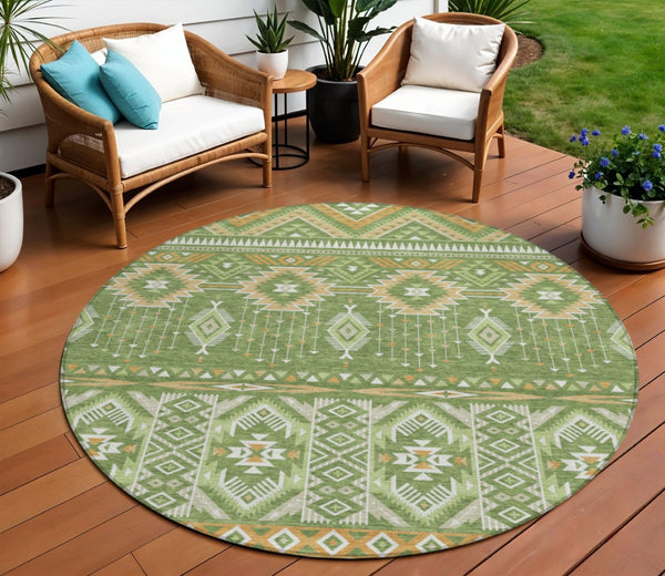 HomeRoots 5' Stylish Green Copper Ivory Aztec Indoor Outdoor Area Rug - Durable, Washable & Versatile Design 8' Round 622787