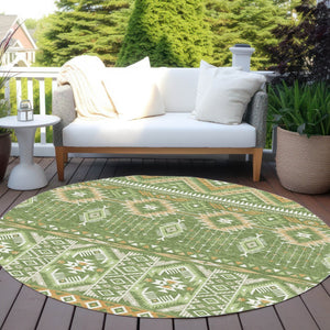 HomeRoots 5' Stylish Green Copper Ivory Aztec Indoor Outdoor Area Rug - Durable, Washable & Versatile Design 8' Round 622787