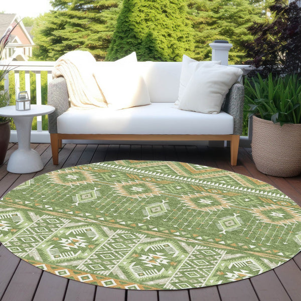 HomeRoots 5' Stylish Green Copper Ivory Aztec Indoor Outdoor Area Rug - Durable, Washable & Versatile Design 8' Round 622787