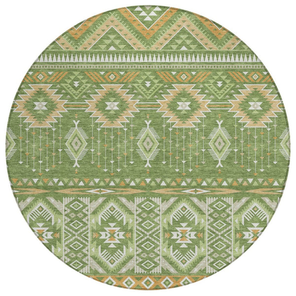 HomeRoots 5' Stylish Green Copper Ivory Aztec Indoor Outdoor Area Rug - Durable, Washable & Versatile Design 8' Round 622787