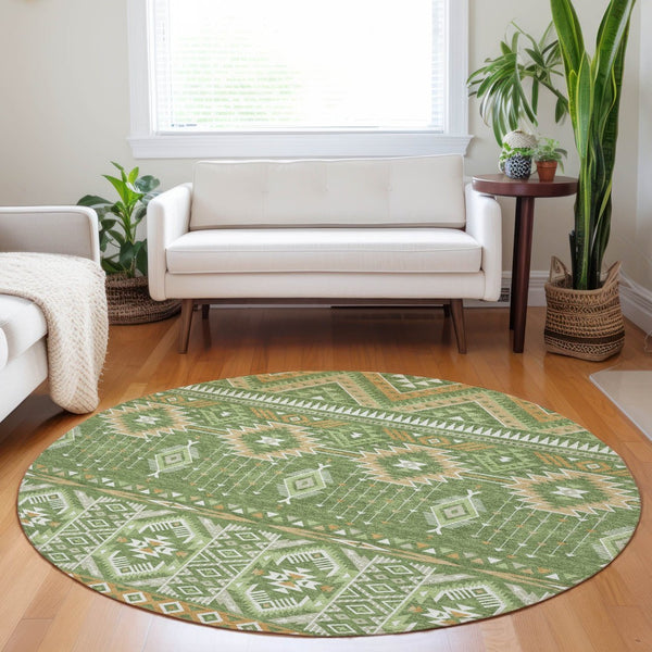HomeRoots 5' Stylish Green Copper Ivory Aztec Indoor Outdoor Area Rug - Durable, Washable & Versatile Design 8' Round 622787