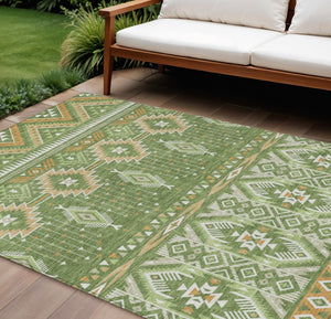 HomeRoots 5' Stylish Green Copper Ivory Aztec Indoor Outdoor Area Rug - Durable, Washable & Versatile Design 9' X 12' 622789