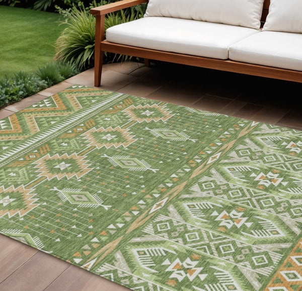 HomeRoots 5' Stylish Green Copper Ivory Aztec Indoor Outdoor Area Rug - Durable, Washable & Versatile Design 9' X 12' 622789