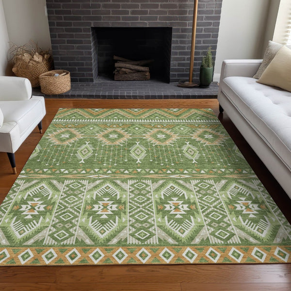 HomeRoots 5' Stylish Green Copper Ivory Aztec Indoor Outdoor Area Rug - Durable, Washable & Versatile Design 10' X 14' 622790