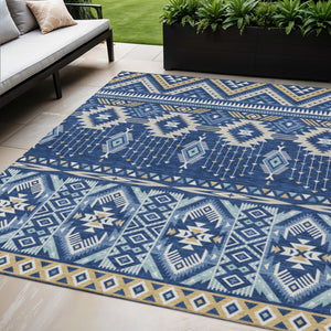 HomeRoots 5' Versatile Aztec Indoor/Outdoor Area Rug in Navy Blue, Beige & Ivory - Durable, Washable Design 5' X 8' 622792