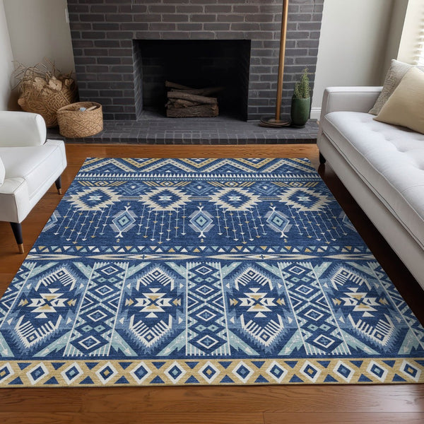 HomeRoots 5' Versatile Aztec Indoor/Outdoor Area Rug in Navy Blue, Beige & Ivory - Durable, Washable Design 5' X 8' 622792
