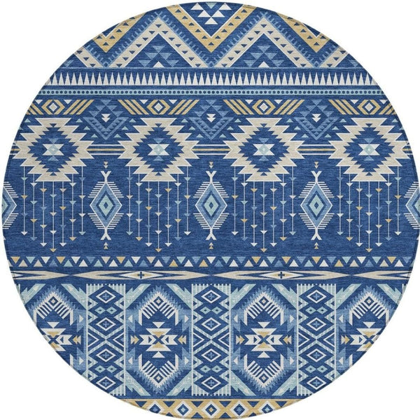 HomeRoots 5' Versatile Aztec Indoor/Outdoor Area Rug in Navy Blue, Beige & Ivory - Durable, Washable Design 8' Round 622793
