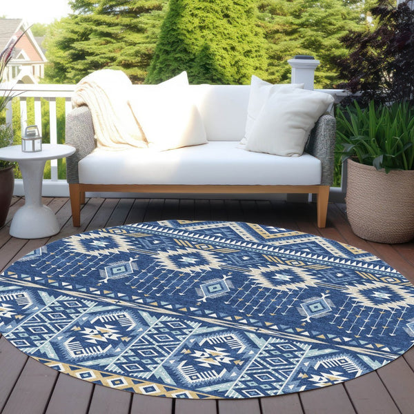 HomeRoots 5' Versatile Aztec Indoor/Outdoor Area Rug in Navy Blue, Beige & Ivory - Durable, Washable Design 8' Round 622793