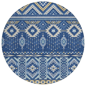 HomeRoots 5' Versatile Aztec Indoor/Outdoor Area Rug in Navy Blue, Beige & Ivory - Durable, Washable Design 8' Round 622793