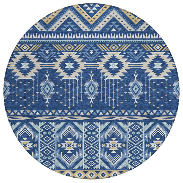 HomeRoots 5' Versatile Aztec Indoor/Outdoor Area Rug in Navy Blue, Beige & Ivory - Durable, Washable Design 8' Round 622793